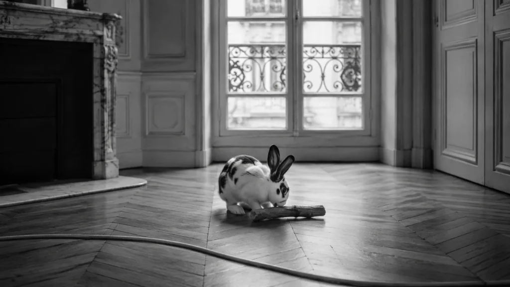 Gros plan noir et blanc d'un câble électrique enveloppé dans une gaine spirale rigide, un lapin qui l'ignore au profit d'un bois à ronger