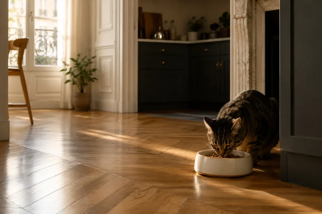 Chat tigré mangeant à sa gamelle dans une cuisine haussmannienne