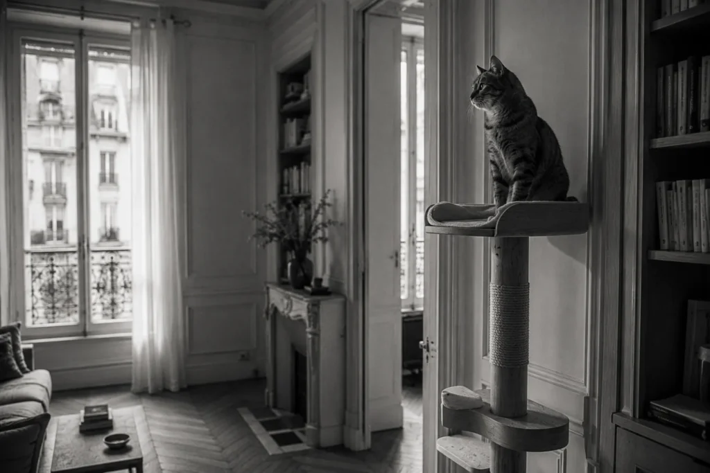 En noir et blanc, un chat tigré perché en haut de son arbre à chat en bois près de la fenêtre d'un salon haussmannien, regard tourné vers l'extérieur