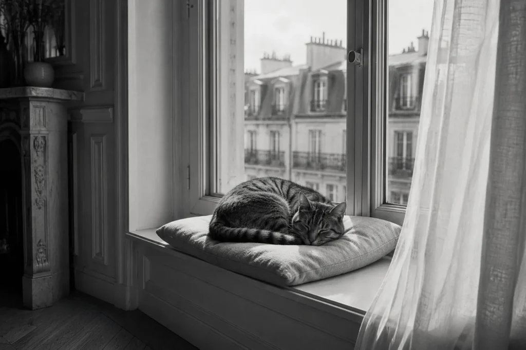En noir et blanc, un chat tigré dormant en boule sur un coussin posé sur le rebord d'une fenêtre haussmannienne, toits de Paris en arrière-plan