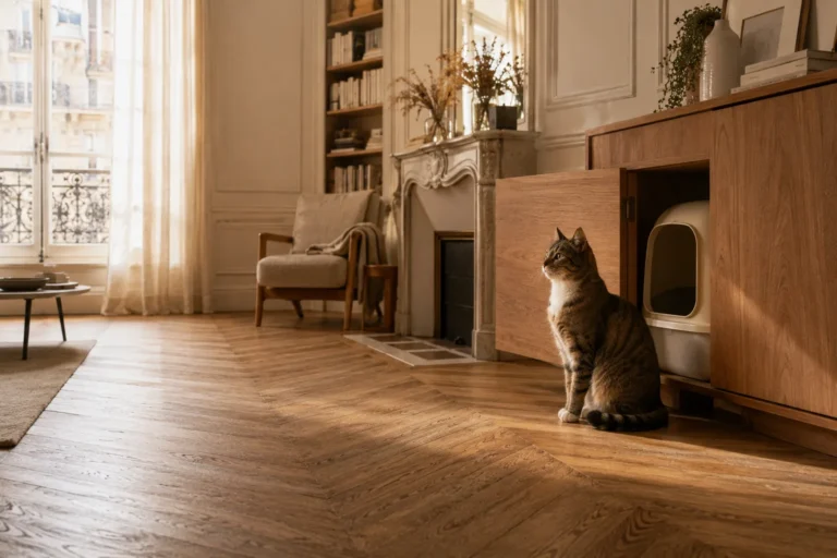Chat tigré assis près d'un meuble cache-litière en bois dans un salon haussmannien lumineux, parquet à chevrons, lumière chaude du matin