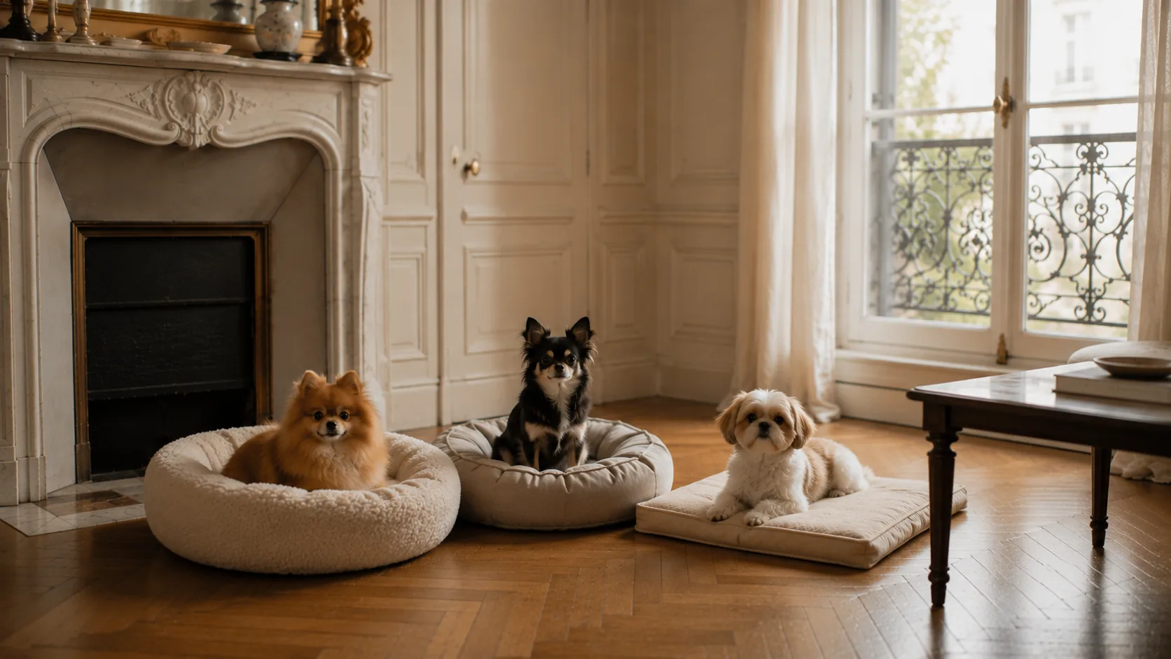 Un chien calme allongé près de la fenêtre d'un appartement haussmannien lumineux
