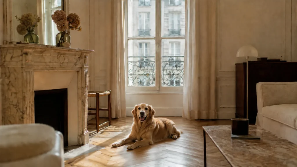 Un bouledogue français paisible dans un salon d'appartement, le bon rythme de vie trouvé