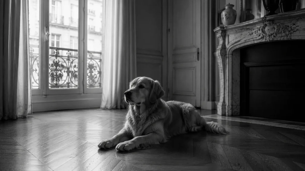 Un lévrier étendu de tout son long sur un canapé, la grande taille et le grand calme réunis, noir et blanc