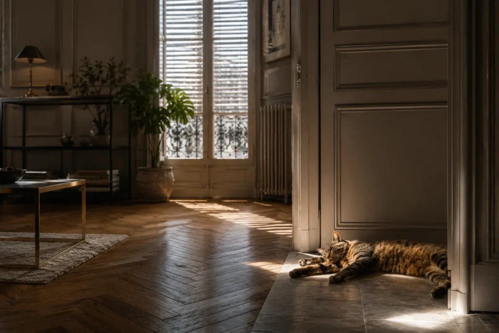 Chat tigré allongé au frais sur le sol d'un intérieur haussmannien ombragé