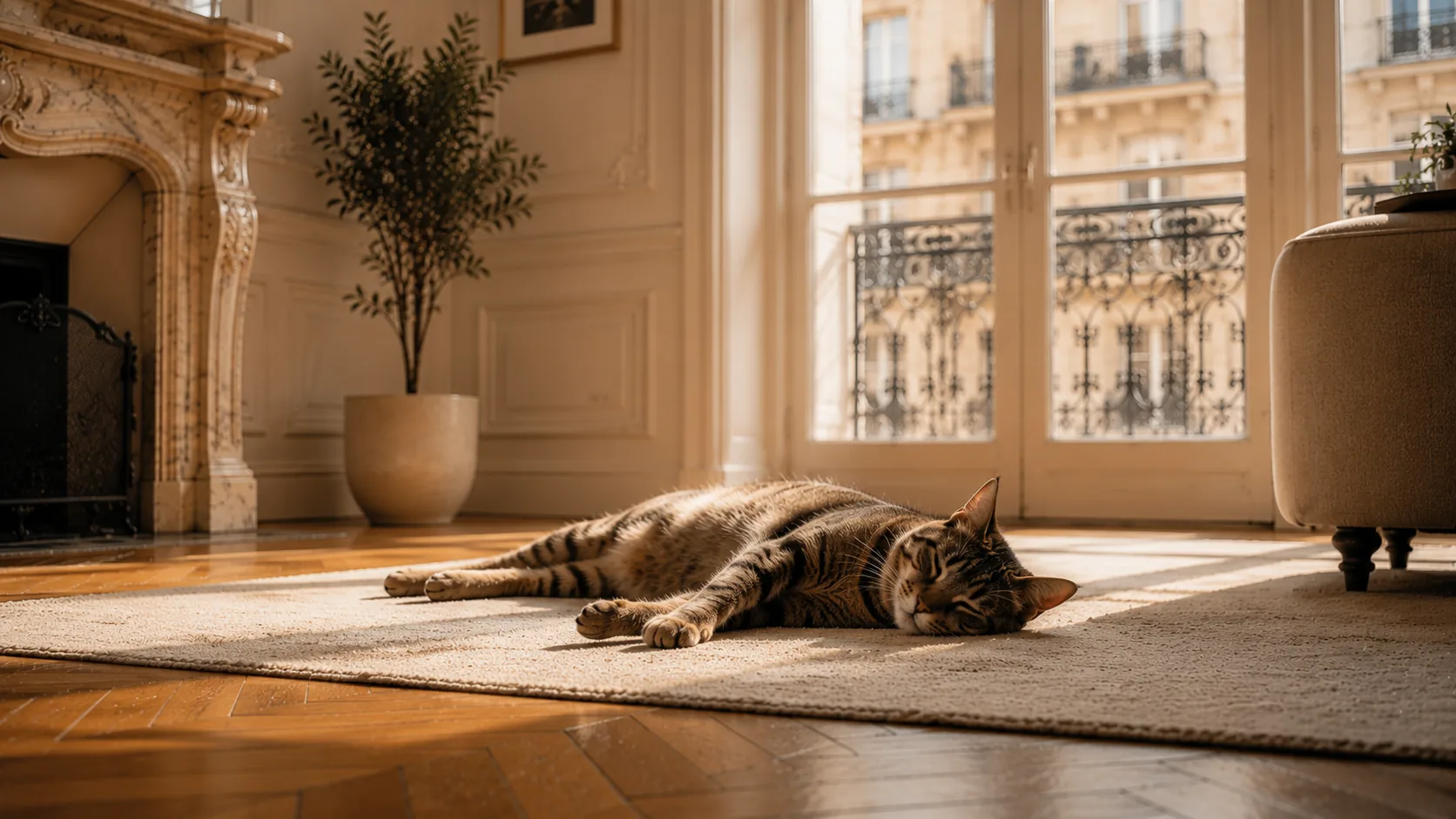 Chat tigré apaisé et à demi endormi dans une lumière chaude sur un parquet