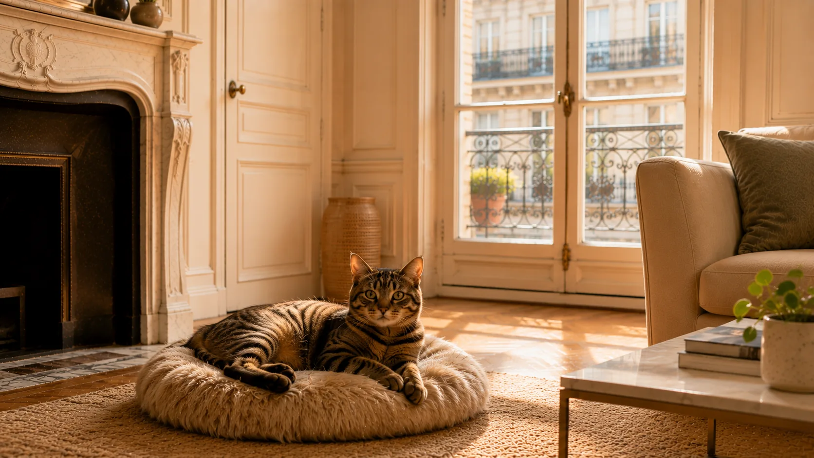 Chat tigré tapi et tendu, oreilles en arrière et yeux écarquillés, dans un salon sombre