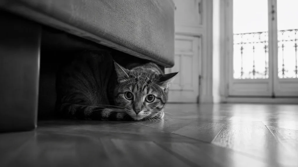 Gros plan noir et blanc d'un chat tigré tapi, pupilles dilatées, sous un meuble