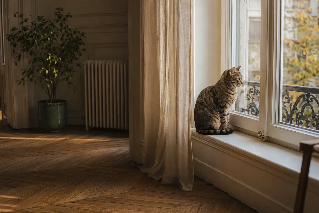 Chat tigré à la fenêtre, lumière de saison, appartement parisien