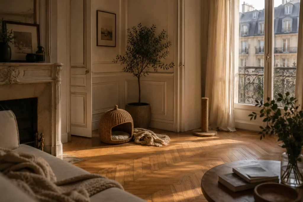 Un salon haussmannien parisien lumineux et vécu, prêt à accueillir un animal, lumière chaude du matin