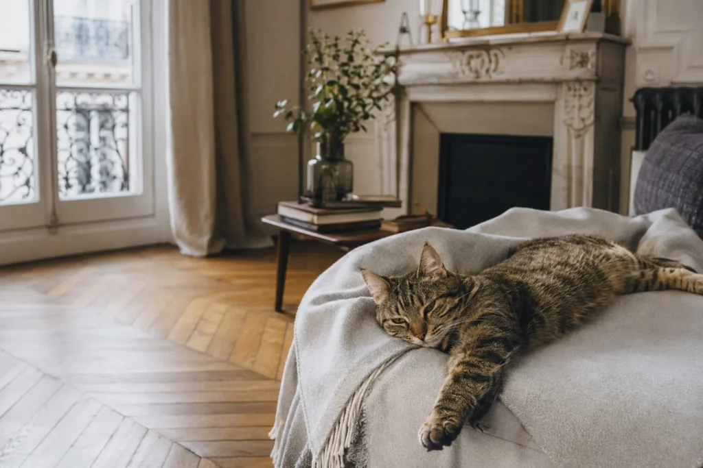 Chat tigré au repos, souffle calme, appartement parisien