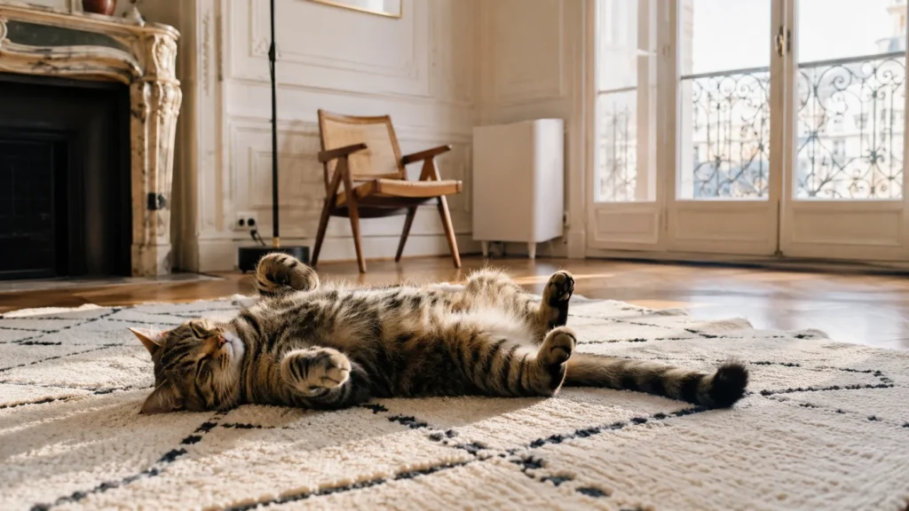Un chat détendu allongé sur le dos dans un salon sécurisé, le danger écarté