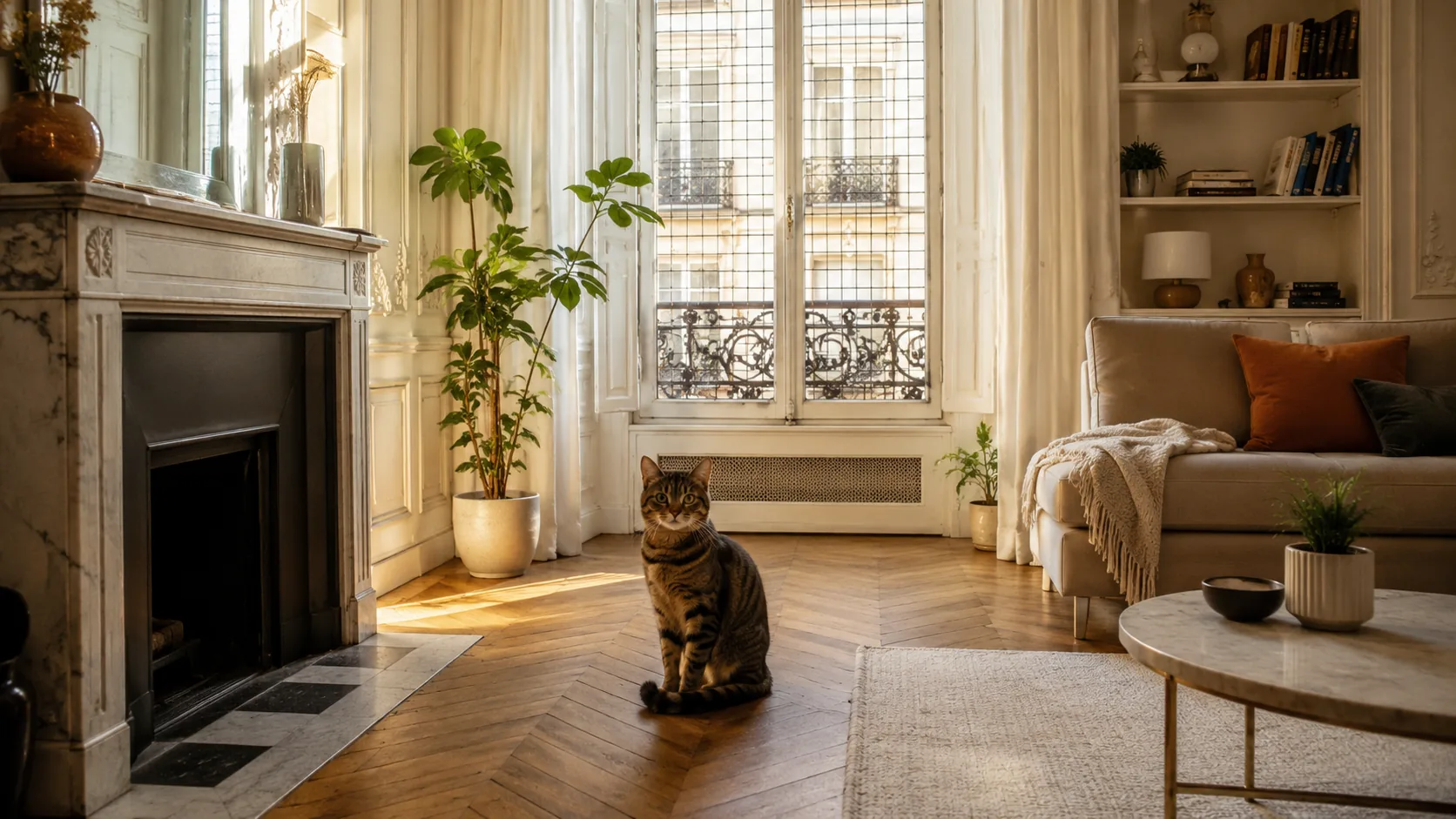 Salon haussmannien lumineux et sécurisé, fenêtre protégée et rangements fermés, où un chat se tient serein