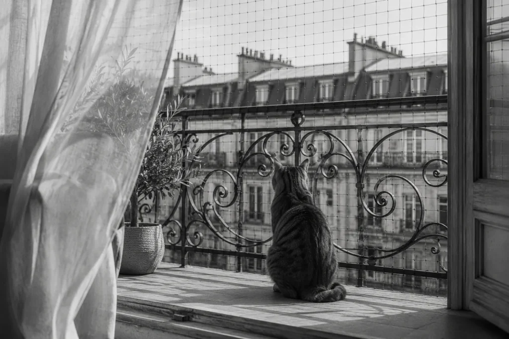 En noir et blanc, un chat tigré assis sur un balcon haussmannien sécurisé par un filet à maille fine, observant les toits de Paris à travers la rambarde en fer forgé