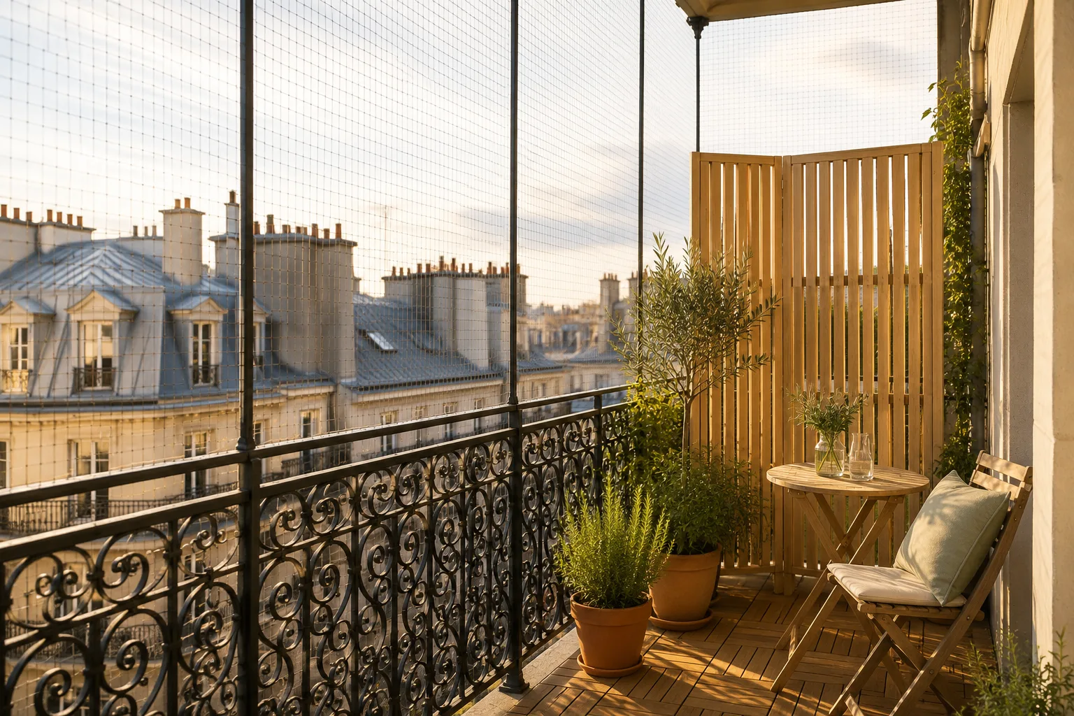 Balcon haussmannien sécurisé sans perçage : filet, barres de tension, claustra