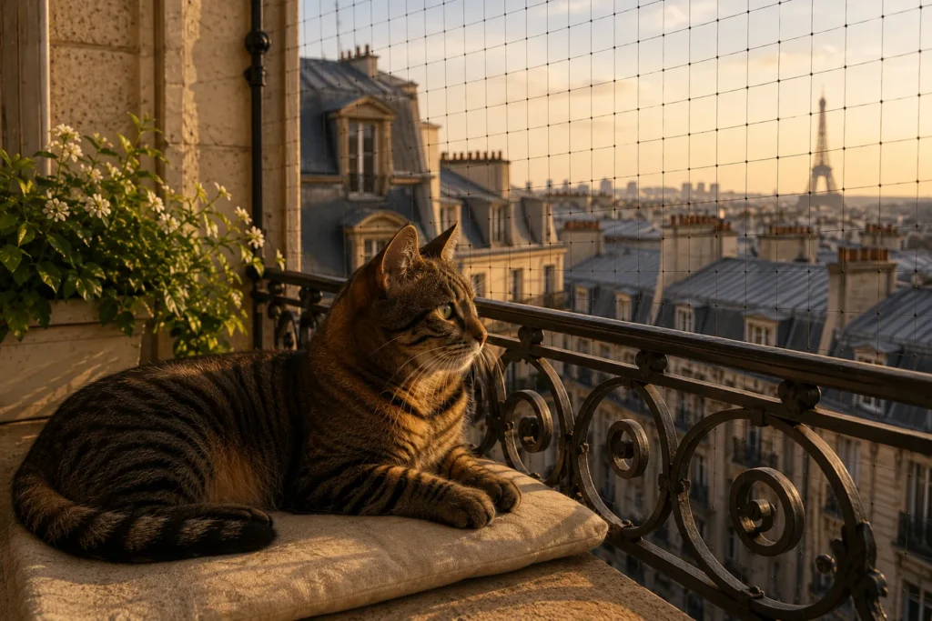 Chat tigré en sécurité derrière un filet sur un balcon haussmannien, vue sur Paris