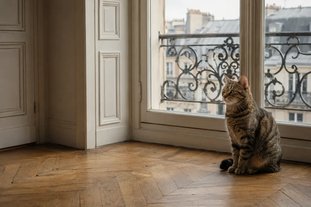 Chat observant par une fenêtre sécurisée, toits parisiens