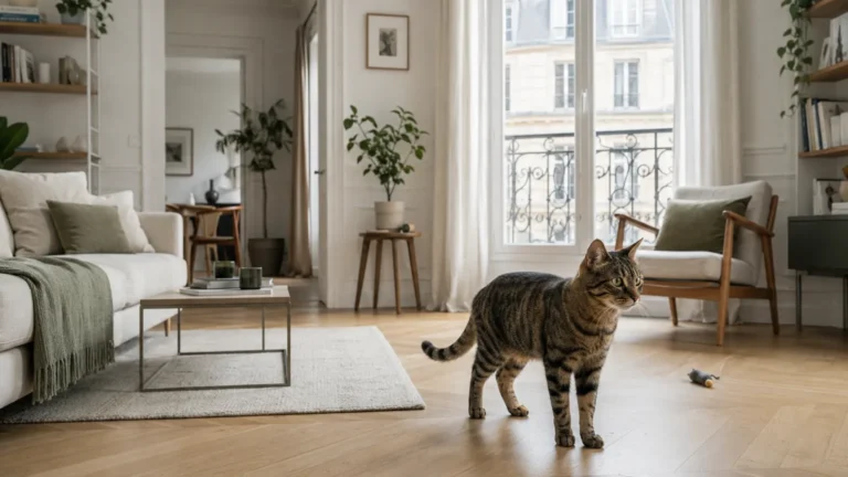 Chat tigré dans un appartement parisien lumineux