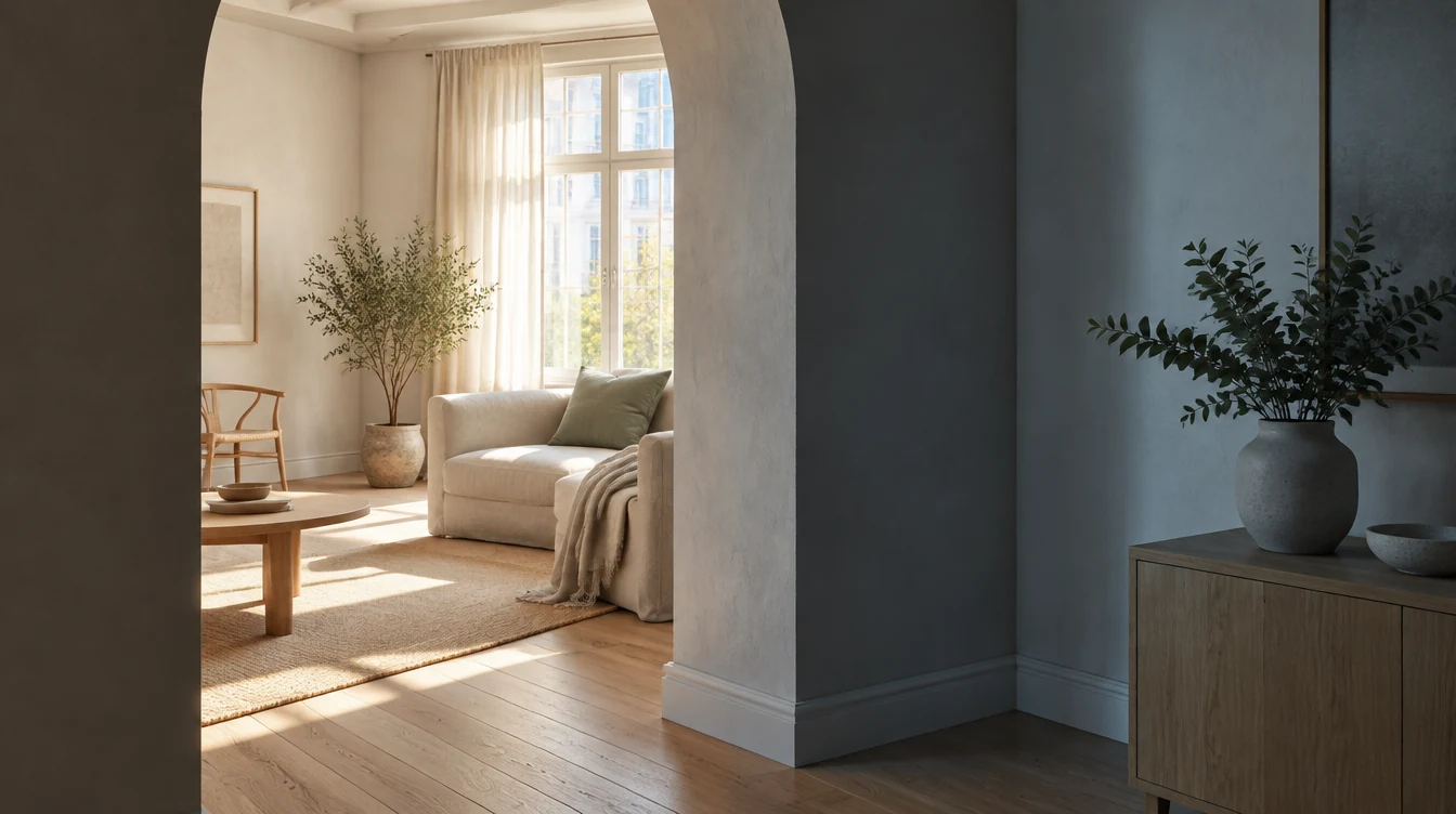 Vue en enfilade d'un appartement à travers une arche, un côté lumineux et chaleureux, l'autre sombre et froid