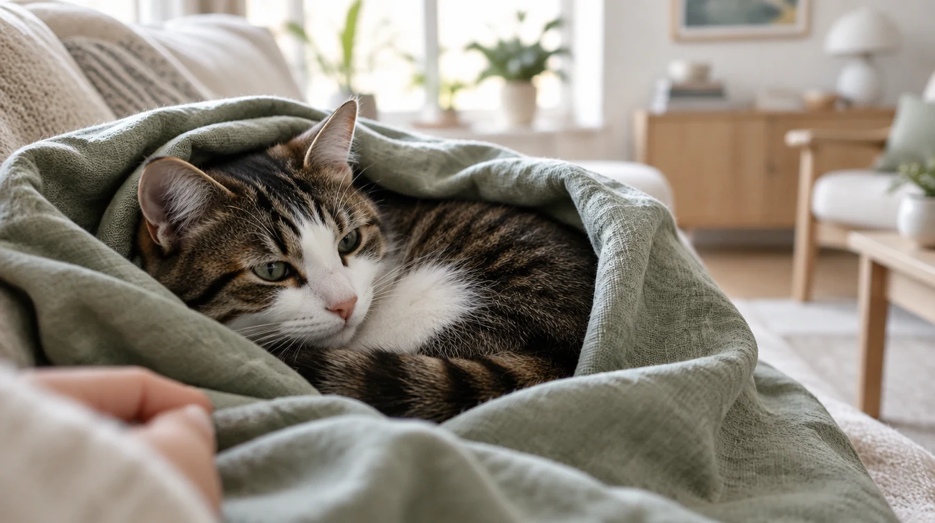 Chat tigré blotti et enveloppé dans une couverture verte, tenu au creux d'une main, dans un salon lumineux