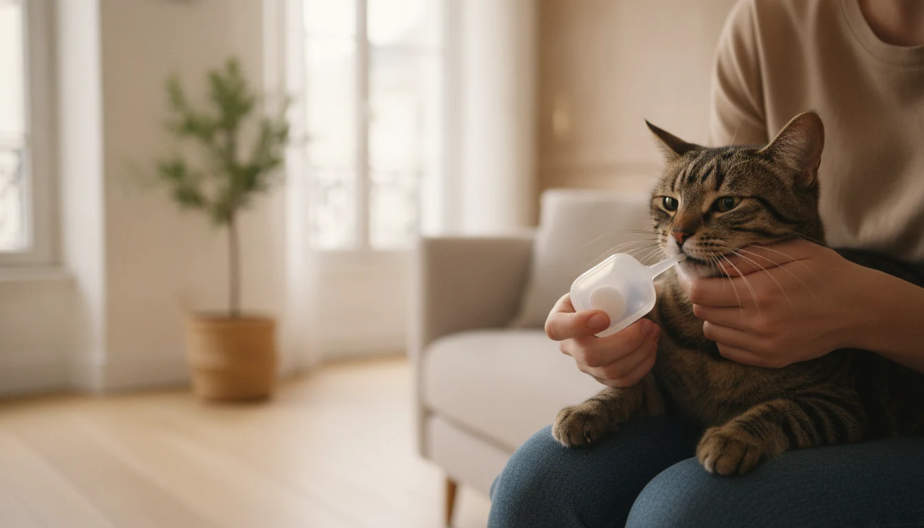 Chat tigré recevant calmement un comprimé à l'aide d'un lance-pilule, tenu par son propriétaire dans un appartement lumineux