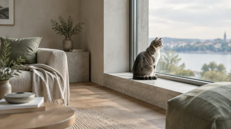 Chat tigré assis sur le rebord d'une fenêtre, regardant la vue depuis un appartement lumineux