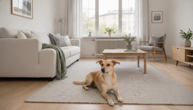 Chien fauve allongé sur un tapis dans un salon scandinave lumineux d'appartement