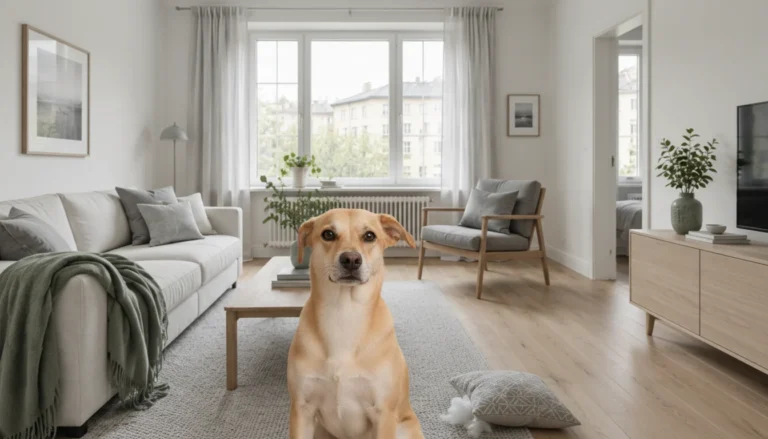 Chien fauve assis dans un salon scandinave, coussin légèrement déchiré au sol