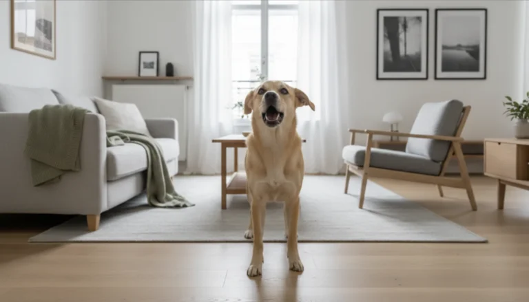 Chien fauve debout, gueule ouverte en train d'aboyer, dans un salon scandinave lumineux d'appartement