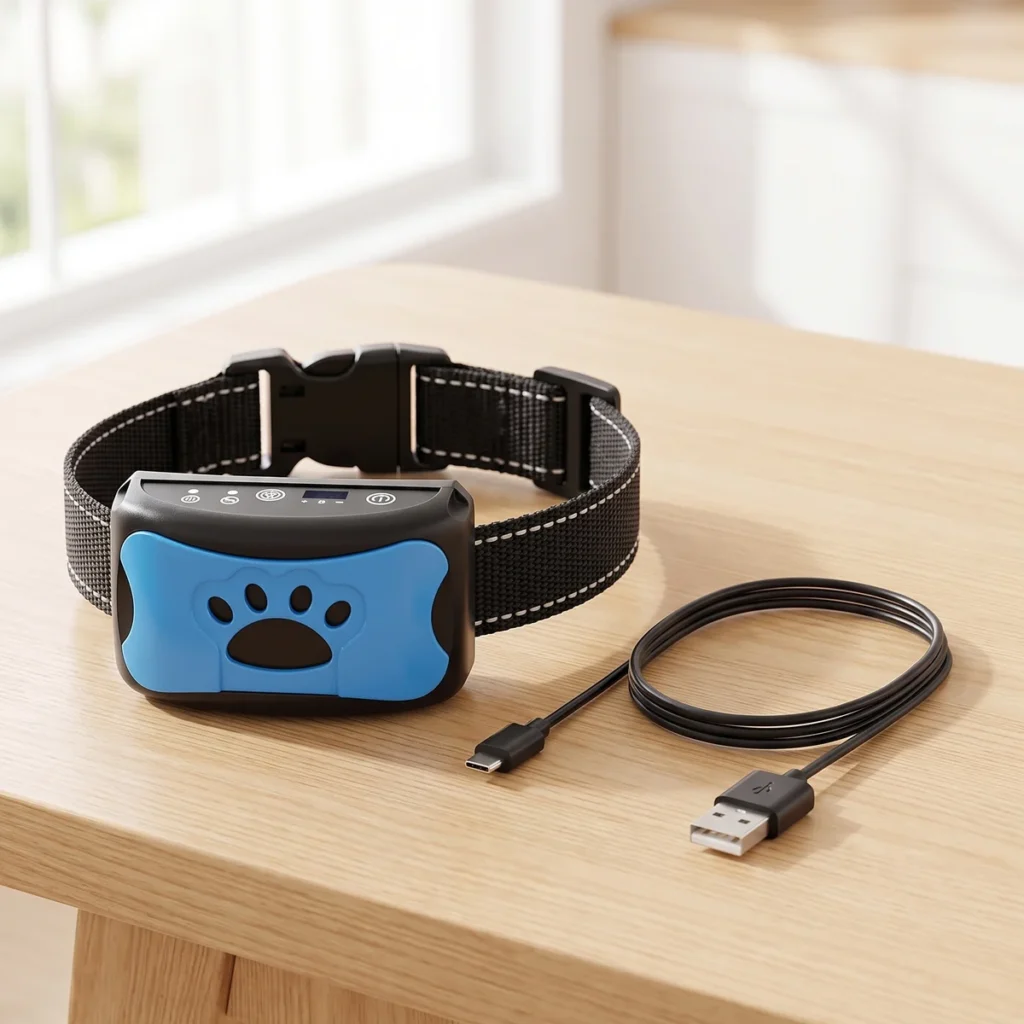 Collier anti-aboiement bleu et noir à motif patte posé sur une table en bois avec son câble de charge USB