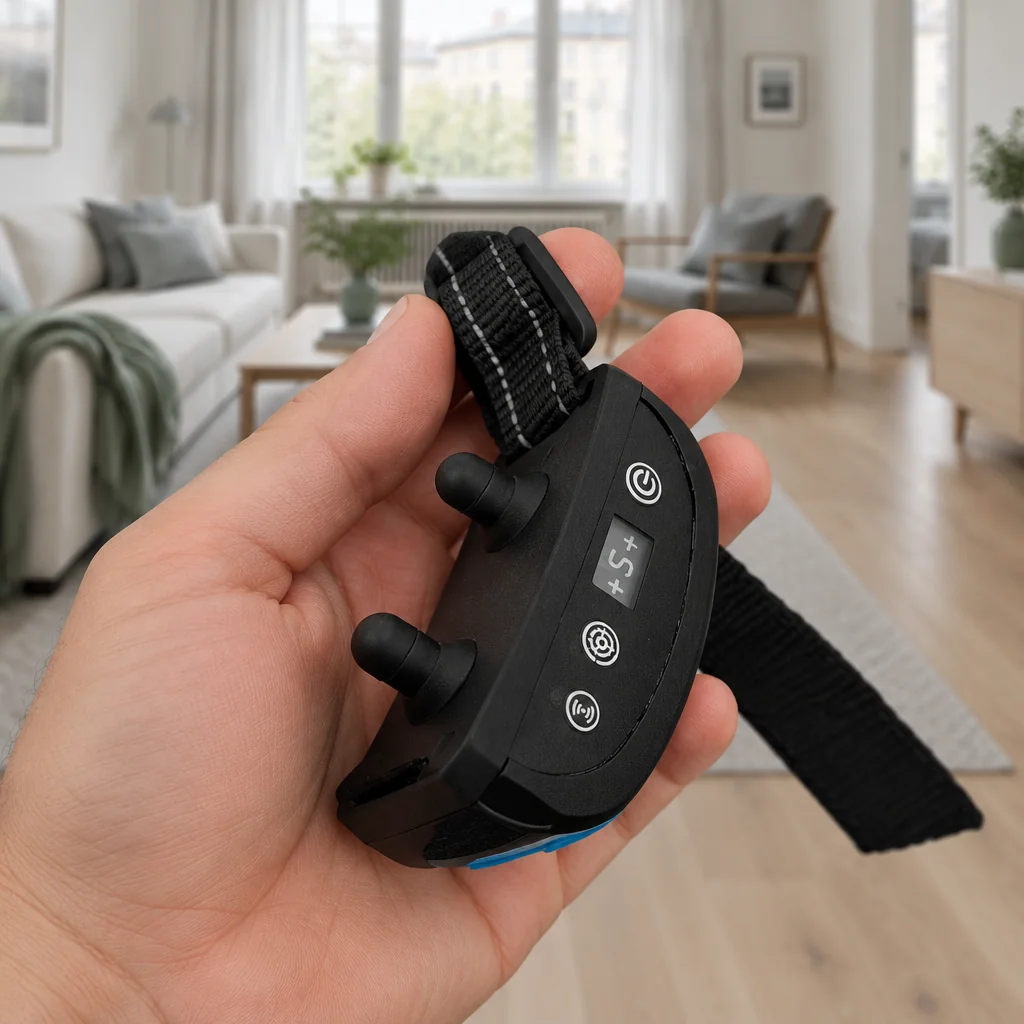 Gros plan du boîtier arrière du collier anti-aboiement tenu en main, sans pointes métalliques ni électrodes visibles