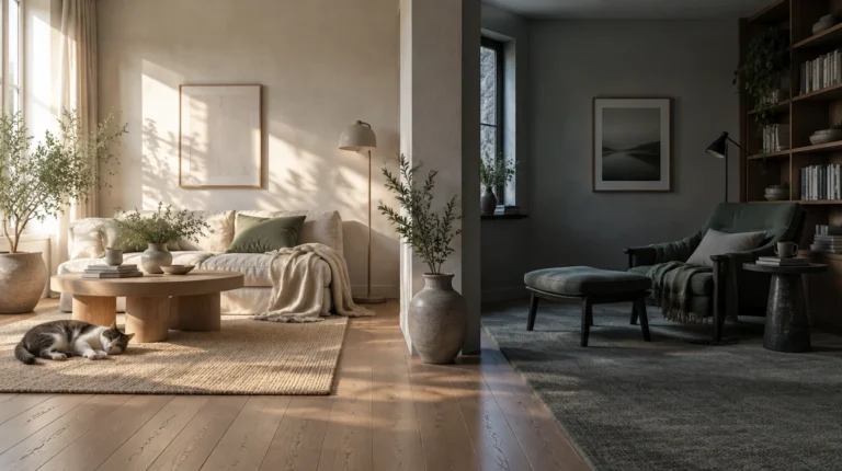 Deux salons d'appartement, l'un lumineux et l'autre sombre, avec un chat endormi côté lumineux, illustrant deux approches de préparation à l'imprévu