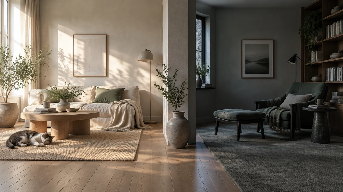 Deux salons d'appartement, l'un lumineux et l'autre sombre, avec un chat endormi côté lumineux, illustrant deux approches de préparation à l'imprévu