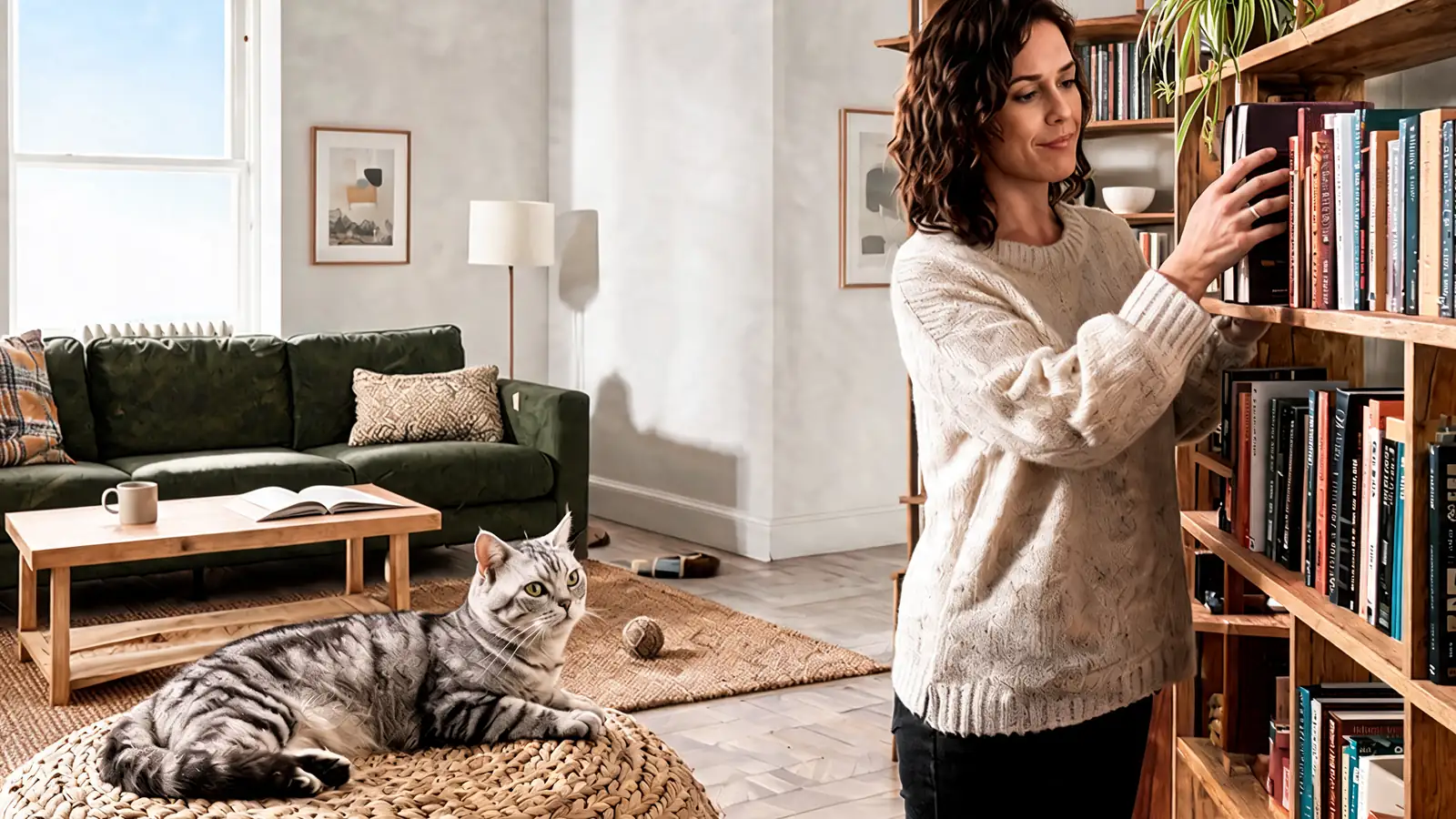 Femme en pull crème qui range un livre sur une étagère en bois, chat tigré gris allongé sur un pouf tressé dans un salon lumineux