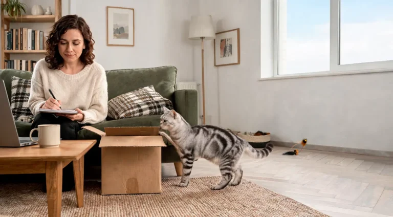 Femme qui prend des notes dans un carnet pendant qu'un chat tigré argenté pose la patte sur un carton, dans un salon habité
