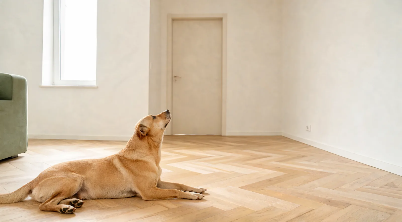 Chien fauve aux oreilles tombantes couché seul près d'une fenêtre dans une pièce lumineuse