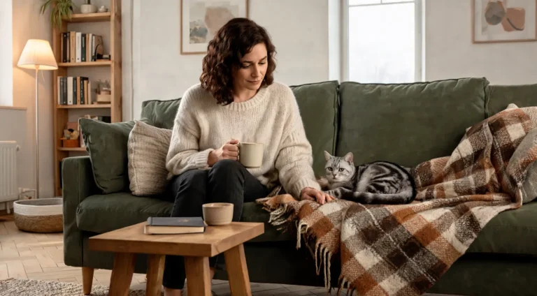 Femme assise sur un canapé avec une tasse chaude, un chat tigré argenté couché près d'elle sur un plaid