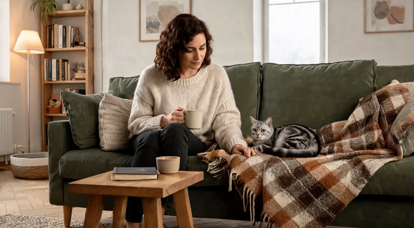 Femme assise sur un canapé avec une tasse chaude, un chat tigré argenté couché près d'elle sur un plaid