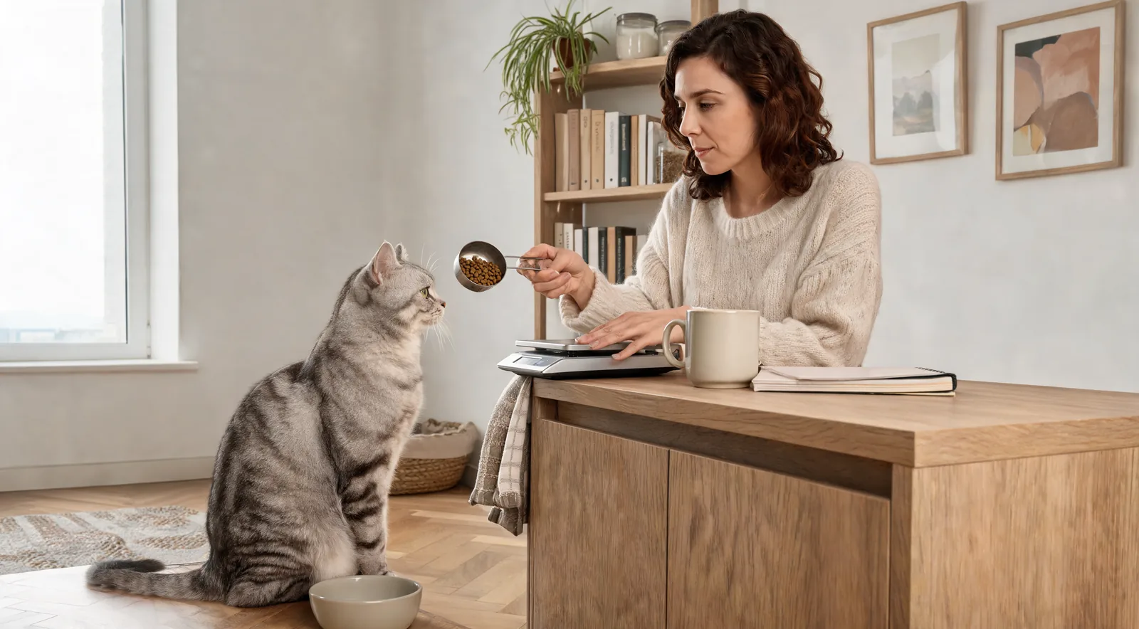 Femme qui dose des croquettes avec une mesure et une balance de cuisine, devant un chat tigré argenté assis