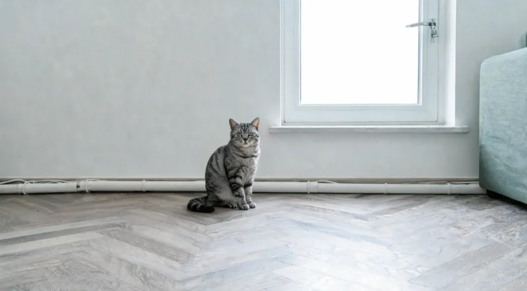 Salon lumineux et sécurisé avec fenêtre à poignée et câbles rangés sous goulotte, où un chat se tient posé