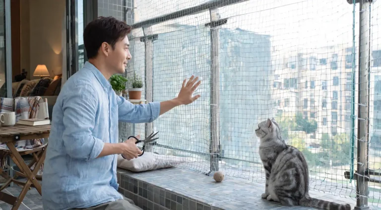 Homme de profil, ciseaux à la main, qui vérifie un filet de sécurité tendu sur un balcon, chat tigré gris assis de l'autre côté