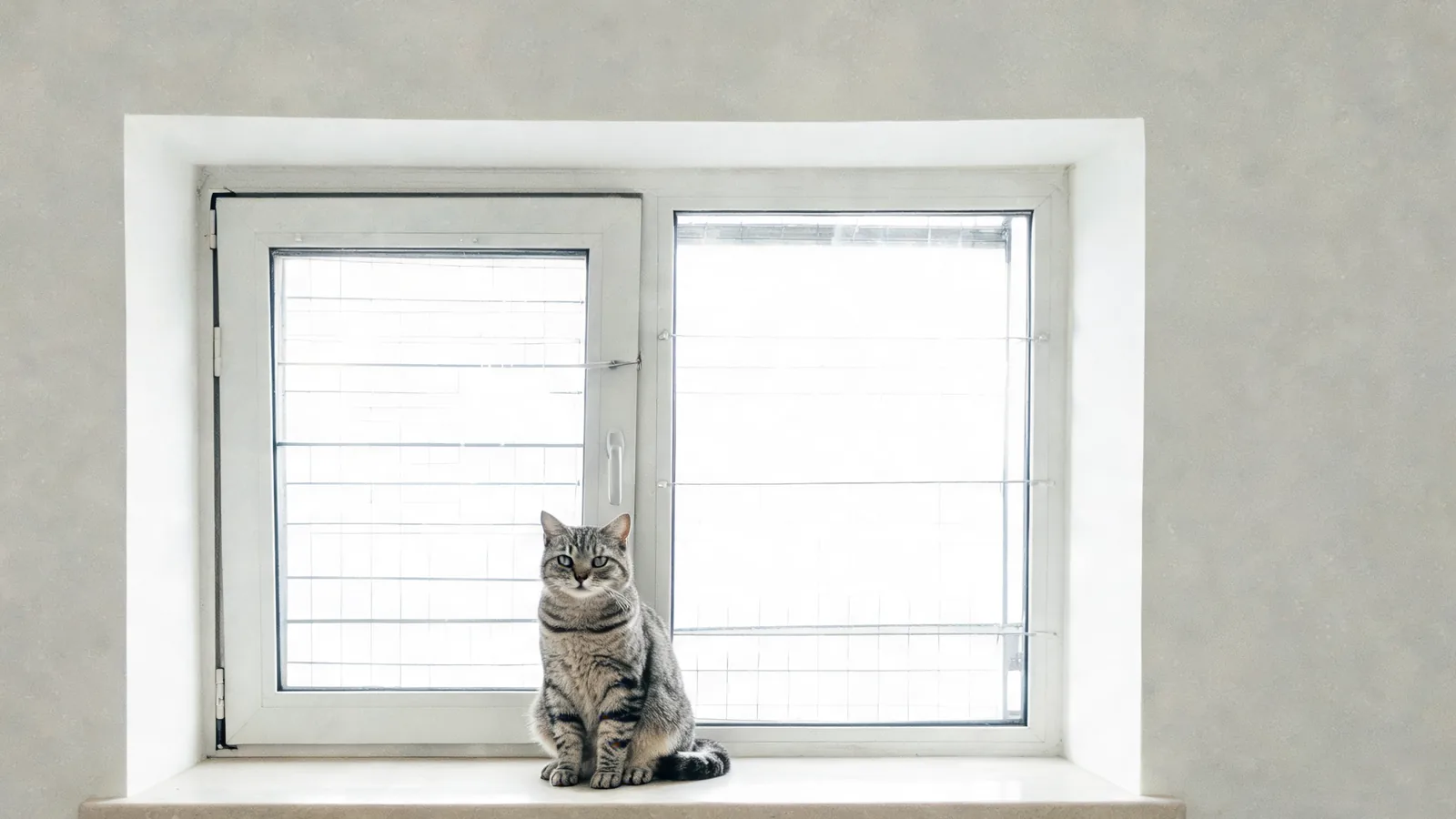 Chat assis sur le rebord d'une fenêtre protégée par une grille, dans une pièce claire
