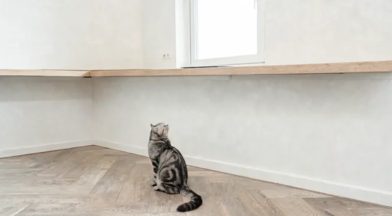 Chat vu de dos regardant un plan de travail de cuisine en bois, vide et dégagé