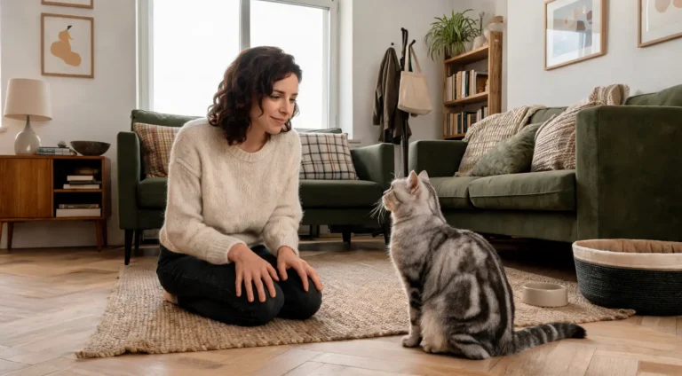 Femme agenouillée sur un tapis qui observe un chat tigré argenté assis, dans un salon habité et lumineux
