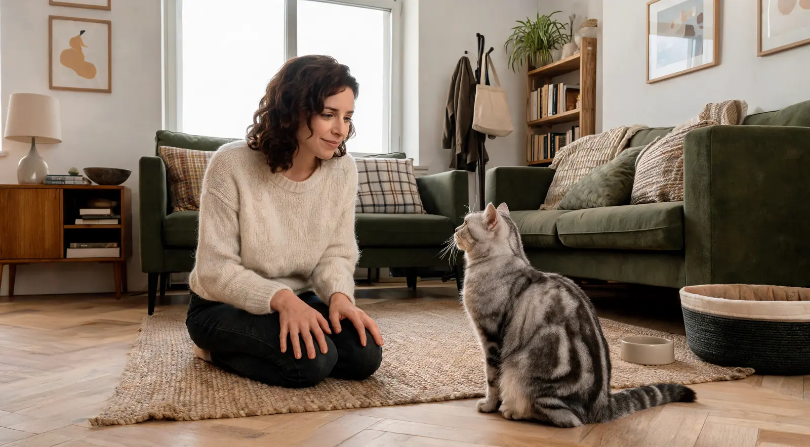 Femme agenouillée sur un tapis qui observe un chat tigré argenté assis, dans un salon habité et lumineux