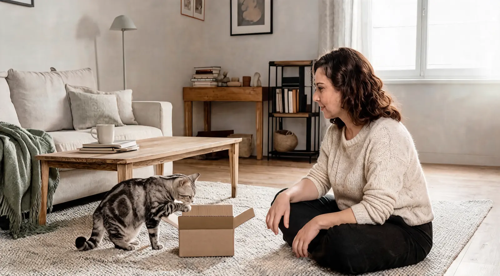 Femme assise au sol dans un salon qui regarde un chat tigré explorer un carton, canapé clair et table basse en bois