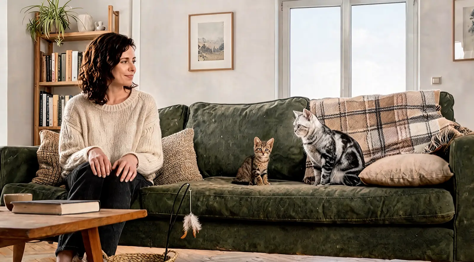 Femme assise sur un canapé vert qui regarde un chaton et un chat adulte installés côte à côte, plaid écossais et coussins
