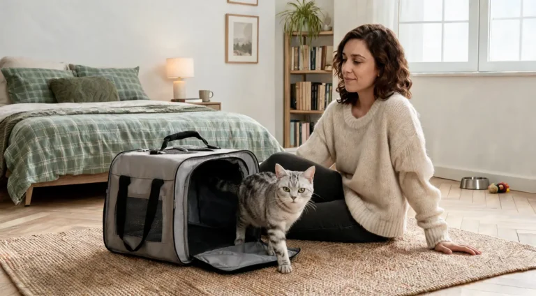 Chat tigré argenté qui sort d'un sac de transport gris, près d'une femme assise sur le tapis d'une chambre lumineuse