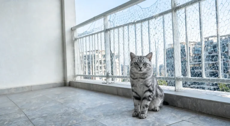 Chat tigré gris assis sur le rebord d'un balcon moderne protégé par un filet de sécurité transparent