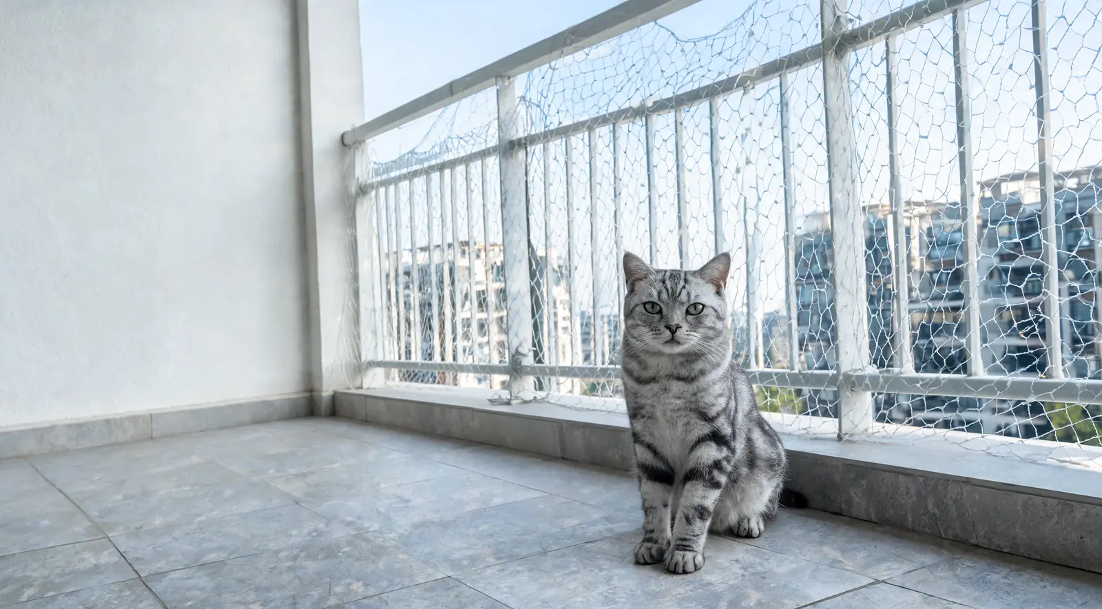 Chat tigré gris assis sur le rebord d'un balcon moderne protégé par un filet de sécurité transparent